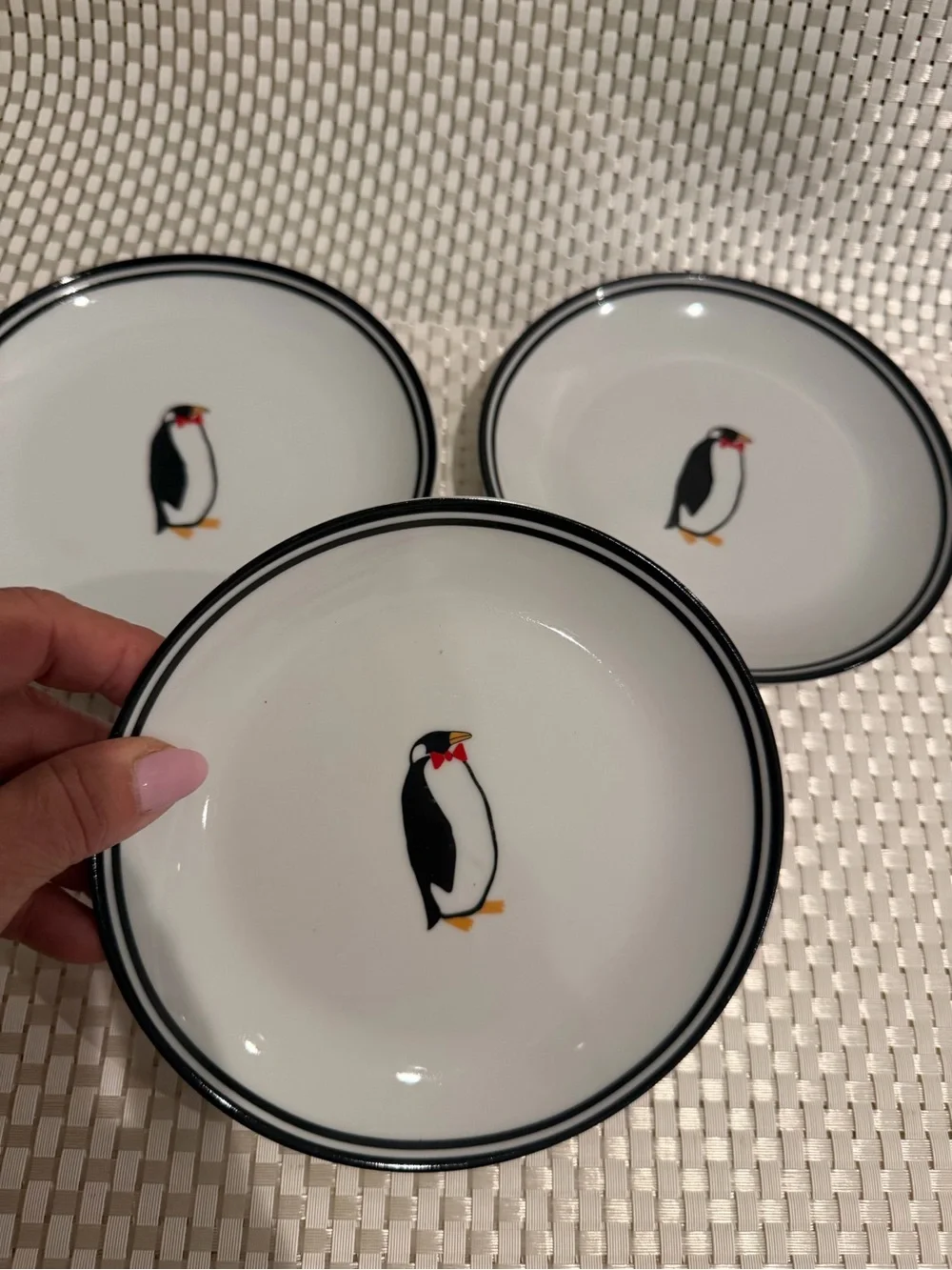 Set of 3 White Ceramic Penguin Dishes with Black Trim for wine & cheese